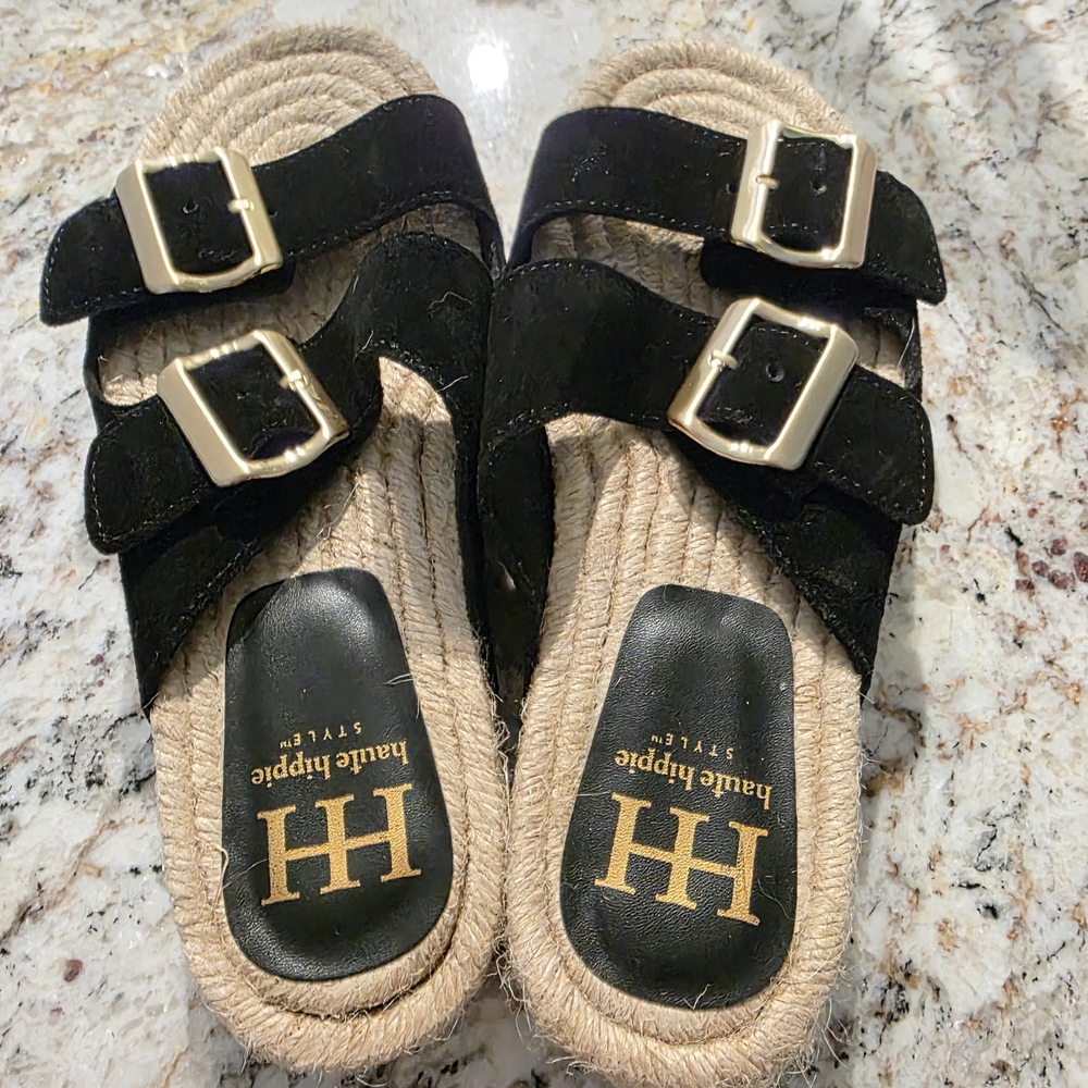 New Black Double Buckle Sandals by Haute Hippie
